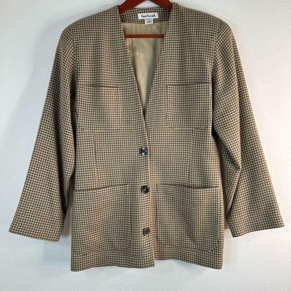 USA Vintage Anne Klein Houndstooth Blazer w Pockets Womens 6 Wool Silk Cashmere - Picture 1 of 11
